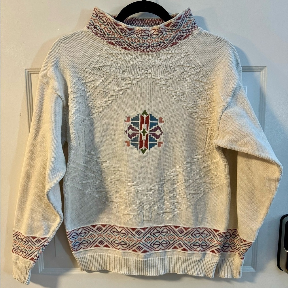 VTG Nordic Fisherman Hearts Fair Isle Sweater Cotton USA Grannycore Cottagecore